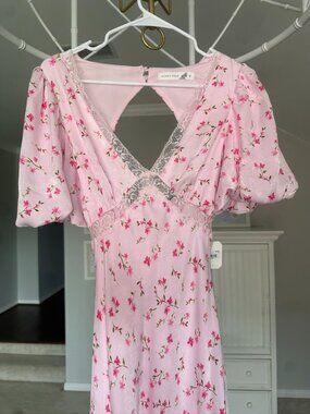 Pink Floral Midi Dress Lace Trim Puff Sleeve Cottagecore Romantic Small